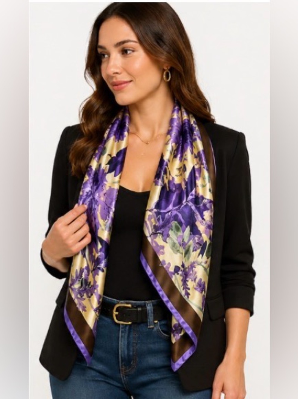 Michael Michaud 100% Silk Scarf Purple Floral 58x16.5 Luxury Wrap